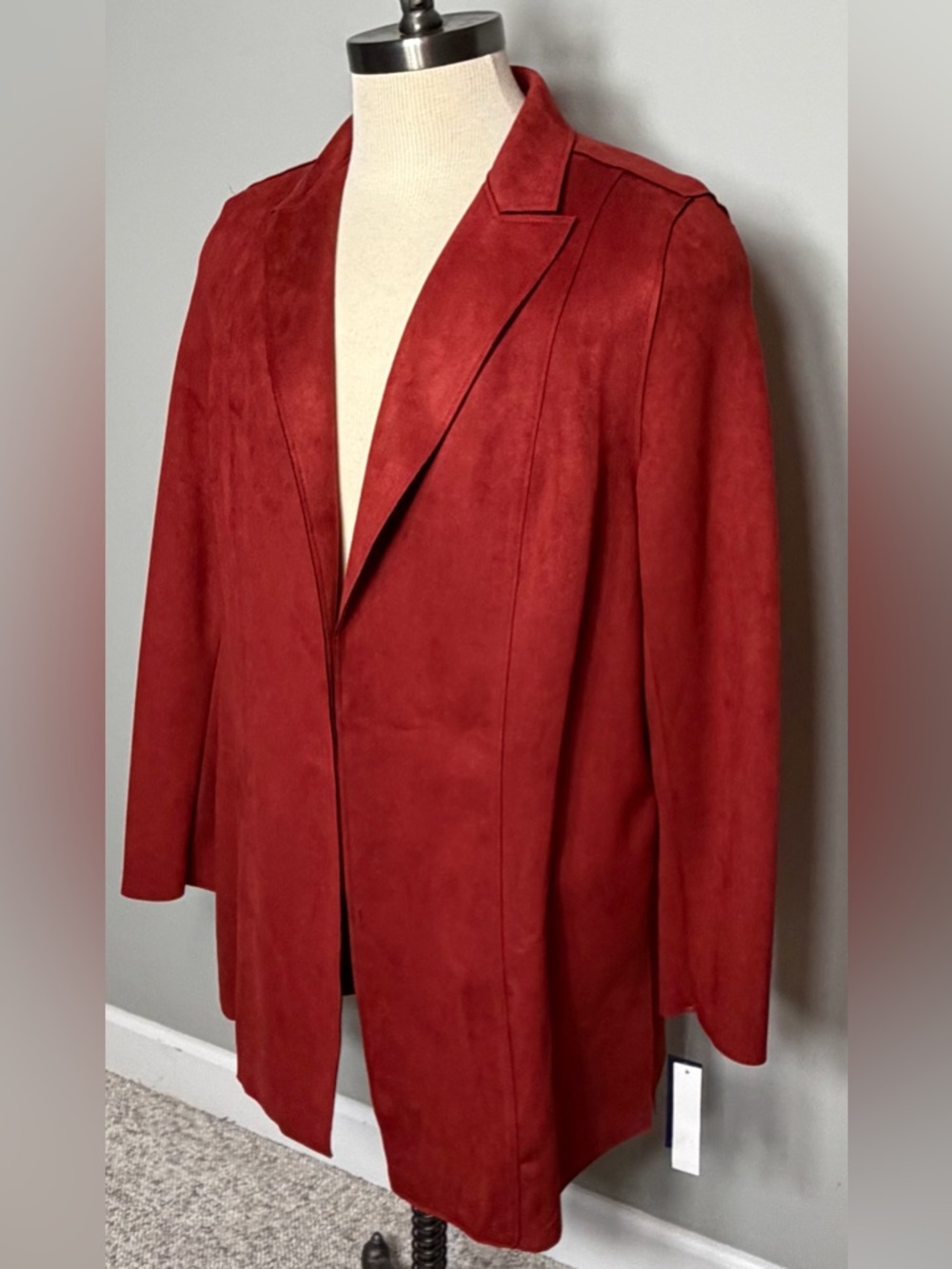 Peter Nygard Red Suede Faux Leather Open-Front Trench Coat